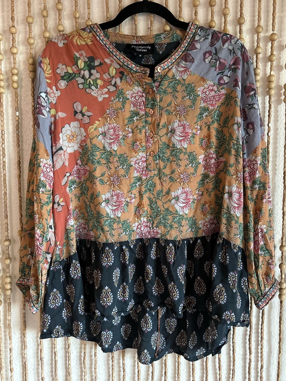 Feathers Tolani Mixed Floral Paisley Patchwork Peplum Boho Lightweight Blouse M